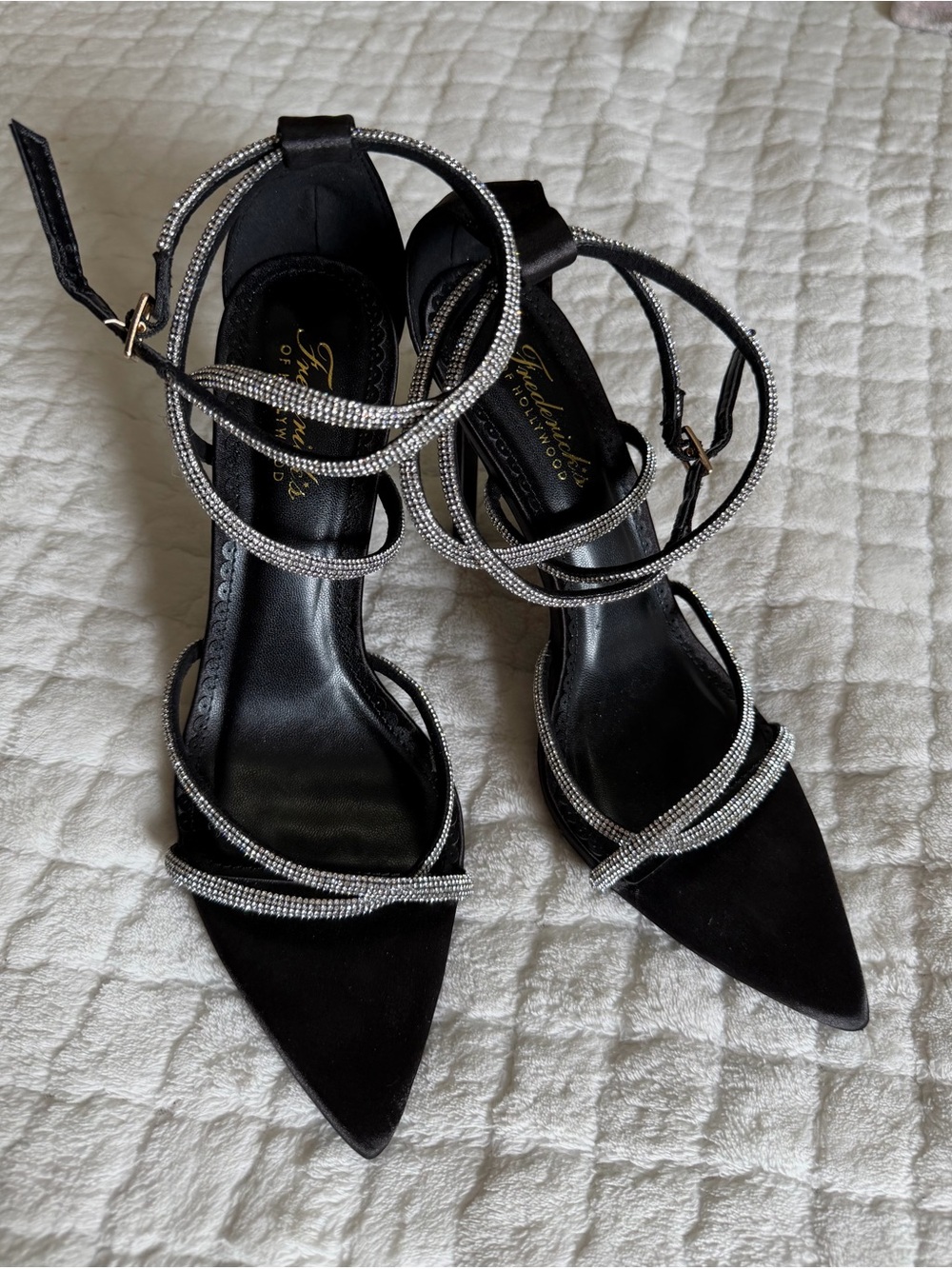 Frederick’s of Hollywood Black satin Rhinestone-Ankle Wrap Pointed Toe Heels